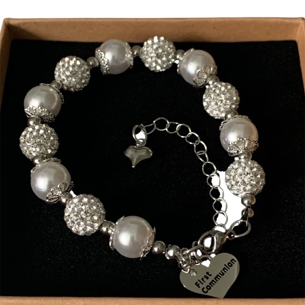 First Communion White Bead Charm Bracelet Handmade Jewelry